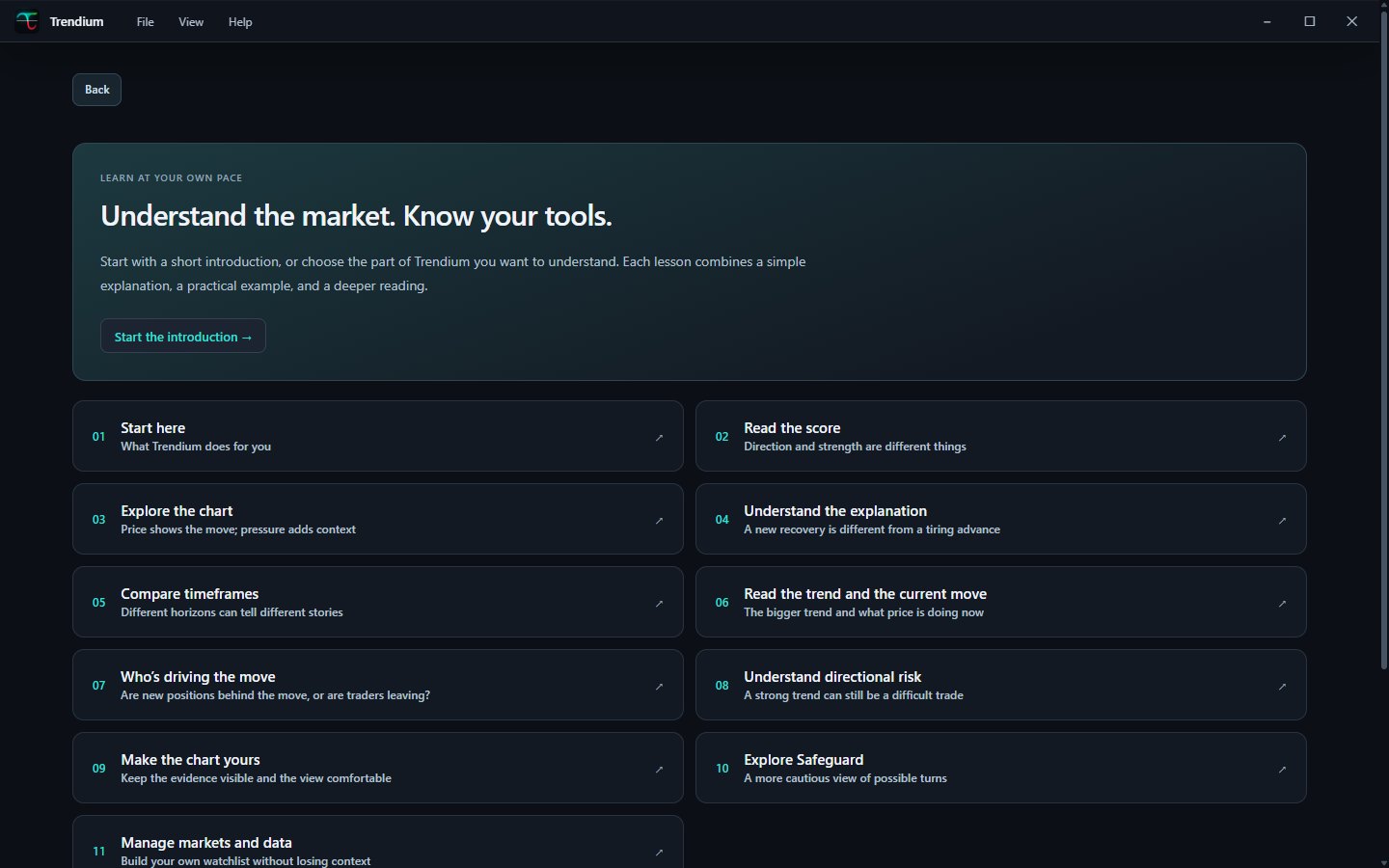 The learning hub with eleven lessons, from Start here to Manage markets and data.